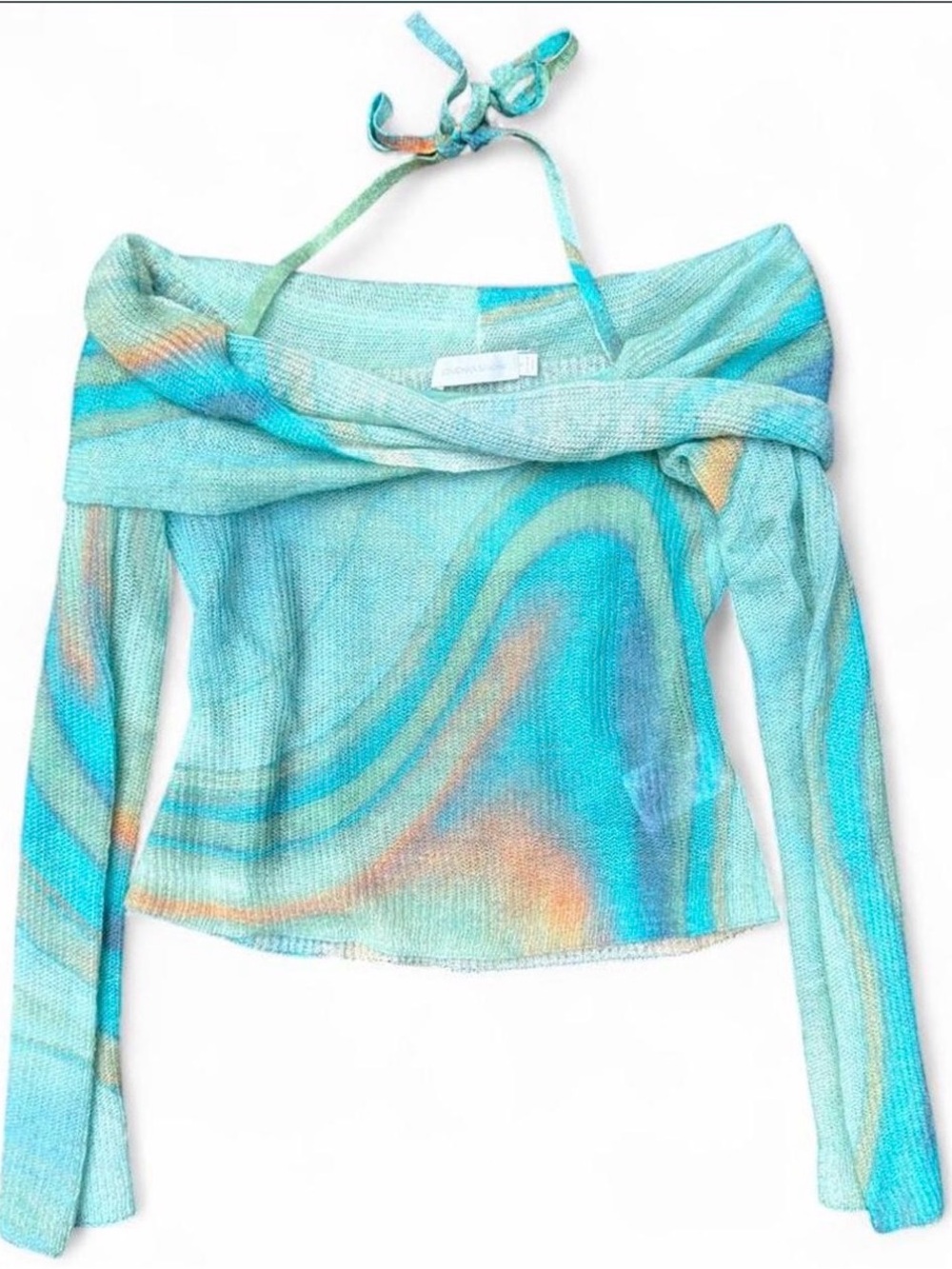 Jonathan Simkhai Turquoise Marble Off-the-Shoulder Sweater